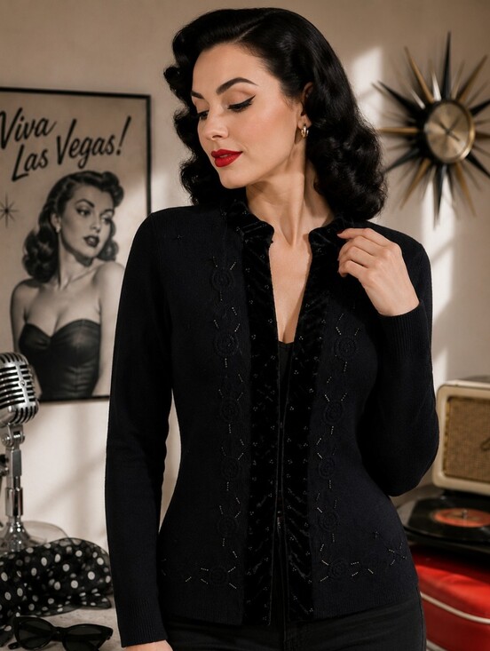 Ship 'N Shore Sweaters - Vintage Ship'N Shore Black Beaded Embroidered Hook Front Cardigan Sweater Small